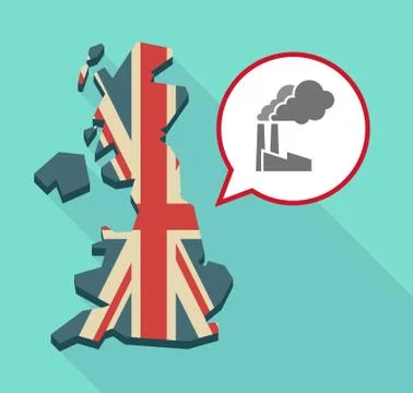 Long shadow United Kingdom map with a comic balloon and a factory Stock Illustration