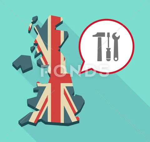 Long shadow United Kingdom map with a comic balloon and a tool set Stock Illustration