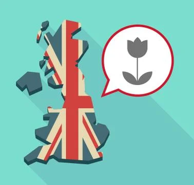 Long shadow United Kingdom map with a comic balloon and a tulip Stock Illustration