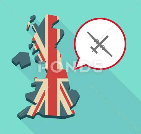 Long shadow United Kingdom map with a comic balloon and a war drone Stock Illustration