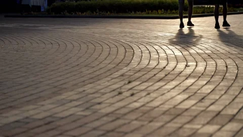 Long shadows of people walking down the street during the evening or morning Stock Footage 197046112