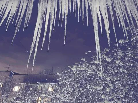 Long sharp icicles hanging against night sky. 스톡 사진