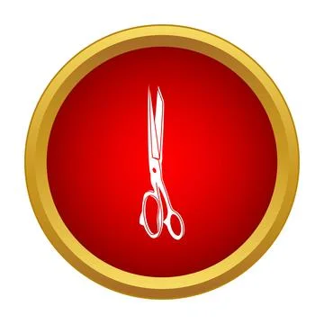 Long sharp scissors tool in red circle golden frame Stock-Illustration