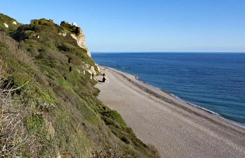 The long shingle beach at Branscombe in Devon, England. 스톡 사진