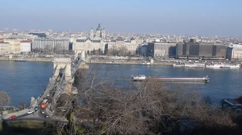 Long ship going down the Danube and Chain Bridge from Buda Castle Stock Footage 47727092