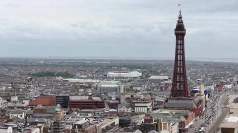 Long shot Blackpool Tower UK Panning drone aerial Stock Footage 336309159