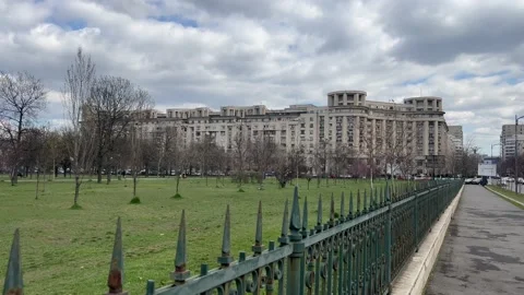 Long Shot of Buildings in front of a Park in Bucharest, Romania Stock Footage 236487672