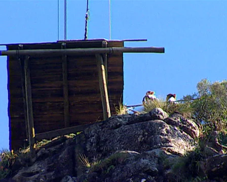 Long shot of a bungee platform in Graskop, waterfall falls into ravine Stock Footage 36280862