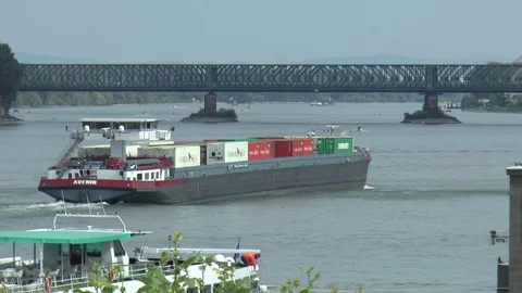 Long Shot of Cargo Vessel on River Rhine in Mainz Stock-Footage 82847528