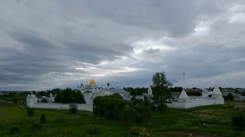 Long shot of Convent of the Intercession (Pokrovsky Monastery) in Suzdal Russia Stock Footage 98380907