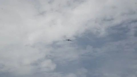Long shot of flying away small-seat plane performing a roll in cloudy sky Stock Footage 220494135