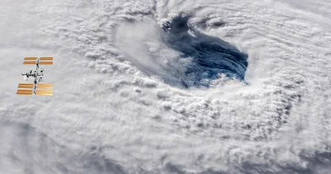 Long shot: flying parallel to the ISS, over the eye of Hurricane Florence Video stock 120149076