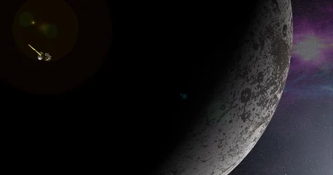Long shot with fx: the Cassini spacecraft in orbit around Iapetus Stock Footage 91787629