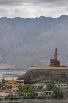 Long Shot of Maitreya Buddha at Diskit Monastery, Nubra Valley, Ladakh,  Ja.. Stock Photos