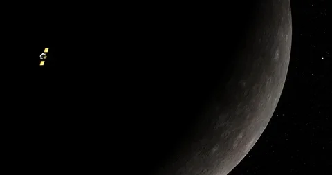 Long shot: the Messenger spacecraft in orbit around Mercury Stock Footage 91334872