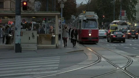 Long shot of an old tram in Vienna Stock Footage 82009643