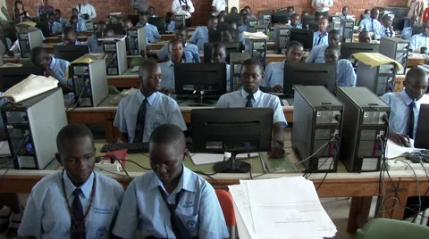 Long shot & pan-African students at computer lab in school - Education in Africa Stock Footage