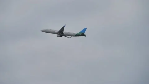 Long shot, passenger plane approaching to land. Airliner flies in cloudy gray Stock Footage 238479463