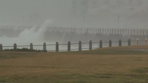 Long shot of rough waves breaking on walls Stock Footage 310385676