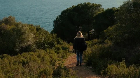 Long shot Slow motion Lone Tourist Woman going on her New Way Stock Footage 246010723