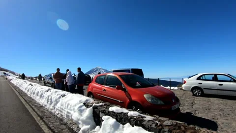 Long shot of snow-capped Teide volcano from the front, Teide National Park Video stock 197624360