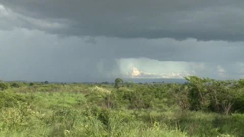 Long shot of a storm brewing over an open piece of land Stock Footage 310541564