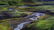 Long Shot Of Suv Crossing River, Epic Iceland Landscape On A Cloudy Day Stock Footage