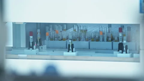 Long shot of test tubes moving in a line in an automated lab. Test tubes in the Stock Footage 232688135