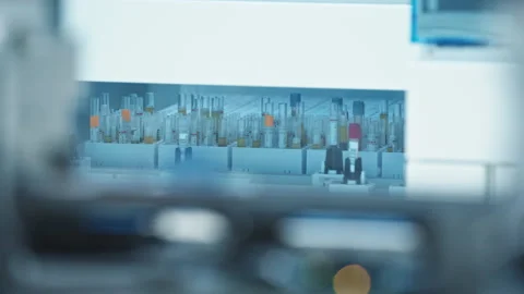 Long shot of test tubes moving around behind the glass in an automated lab in Stock Footage 232688625