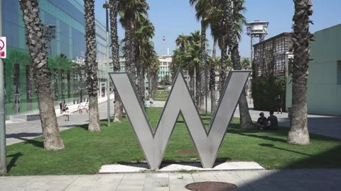 Long Shot of the W logo big letter from Hotel W of Barcelona Stock Footage 136540112