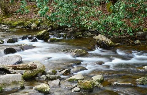Long shutter speed exposure of a river in Gatlinburg, Tennessee Stock Photos