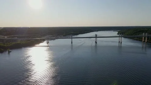 Long, slow approach over river toward the new St. Croix Crossing bridge Stock Footage 142898353