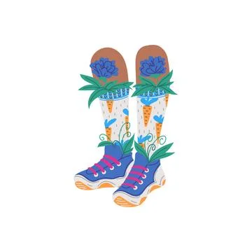 Long socks on feet with funny pattern and tucked flowers. Stock Illustration