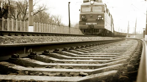 Long soviet era Freight train arrival: black and white video Stock Footage 33752517