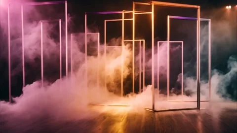 Long, standing, tall gold frames surrounding slowly moving smoke. Stock Footage 273953152