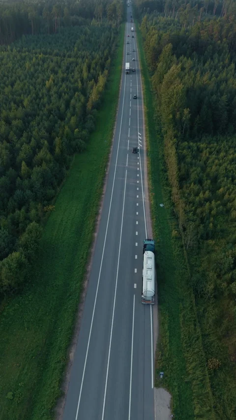 Long straight highway through dense pine forest with moving vehicles and tanker Stock Footage 345535814