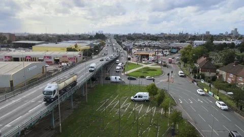 Long straight multilane trunk road leading to downtown Stock-Footage 164719971