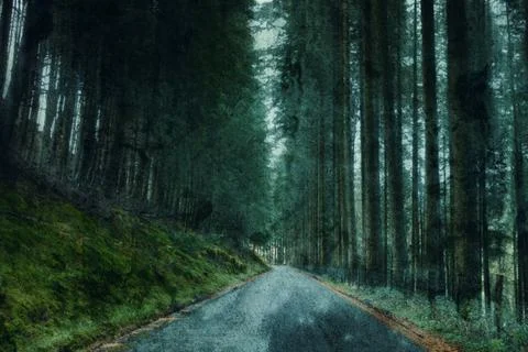 A long straight road going through a conifer forest. With a grunge edit Stock Photos