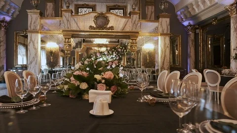 Long Table Served In The Restaurant. Preparing For Wedding In A Restaurant With Stock Footage 109226669