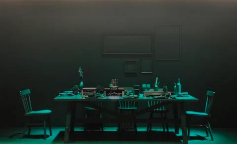 Long table set  dark green shadows no people eerie mystery Stock Photos