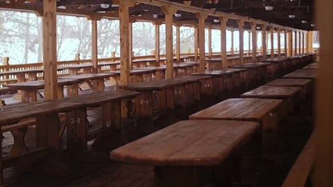 Long tables and benches. Stock Footage 73921671