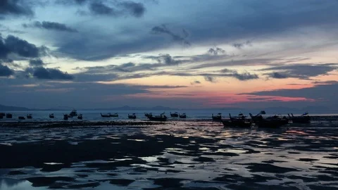 Long tail boat, Low tide, Sunrise, Time lapse in Phi Phi Island Thailand 4K Stock Footage 80610255