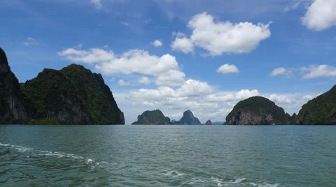 Long Tail Boat Ride Through Andaman Bay towards Tropical Islands Stock-Footage 56441405