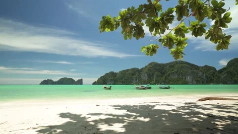 Long tail boats on Phi Phi island Thailand with Phi Phi Lagoon island landscape Stock Footage 153505851