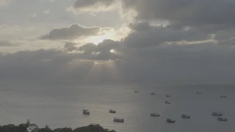 Long tail boats from view point in Calm Harbor sunset sunrise Ko Samui Thailand Stock Footage 264979967