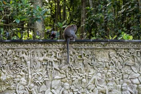 Long-tailed macaque sitting over ornate monkey carvings in Ubud Stock Photos