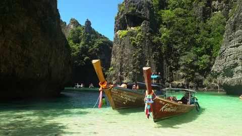 Long Tails in Tropical Islands, Maya Bay Thailand Stock-Footage 77684853