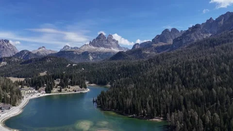 Long Take Forward Drone Journey Over Alpine Forest Canopy Towards Three Stock Footage 341193068