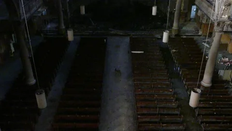 Long tilt up shot exposing damaging results of a fire in old gothic church Stock Footage 144566238