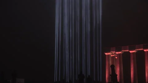 Long tilting shot of a lighting installation on top of Calton Hill Stock Footage 137159028